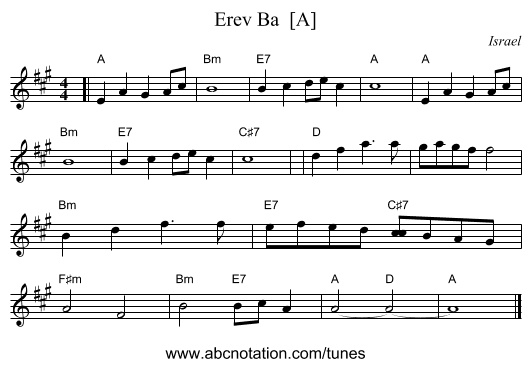 Erev Ba  [A] - staff notation