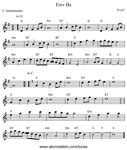 Erev Ba - staff notation