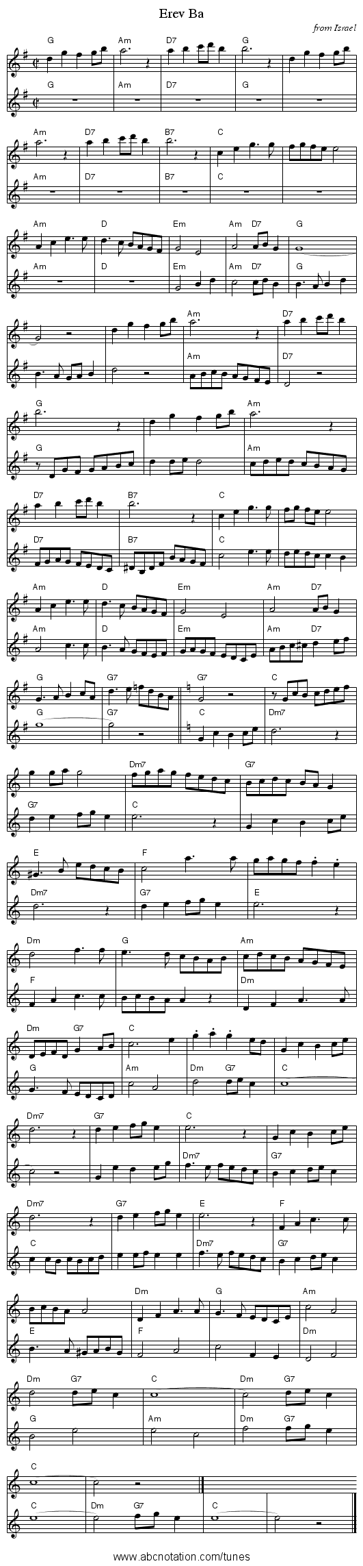 Erev Ba - staff notation