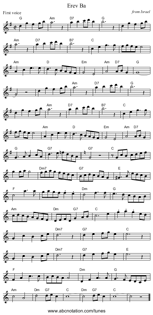 Erev Ba - staff notation