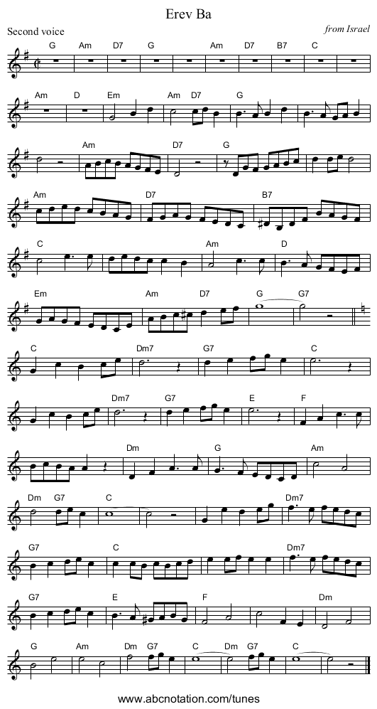 Erev Ba - staff notation