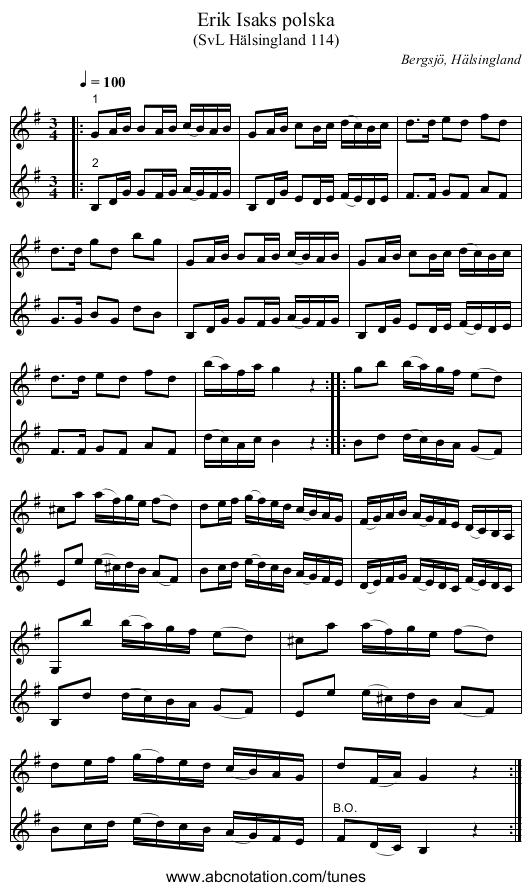 Erik Isaks polska - staff notation