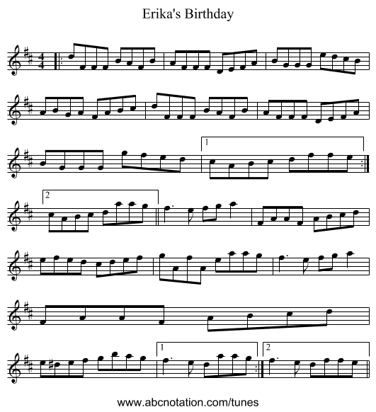 Erika's Birthday - staff notation