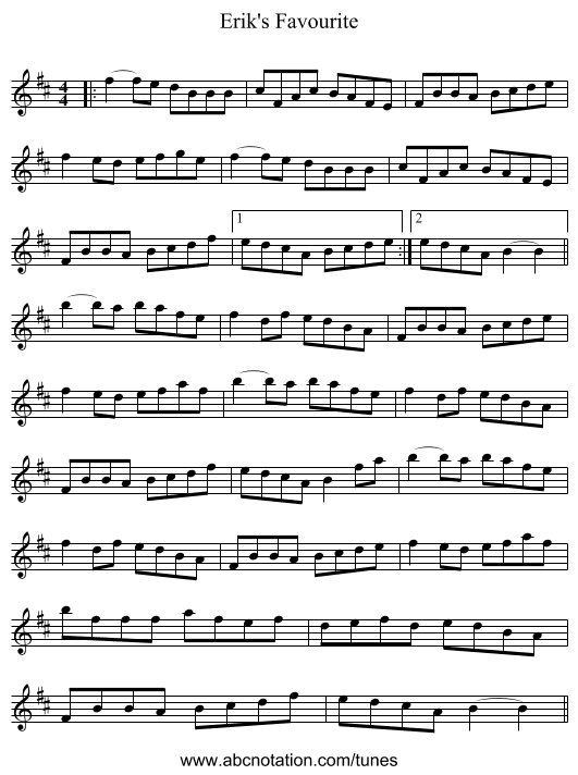 Erik's Favourite - staff notation