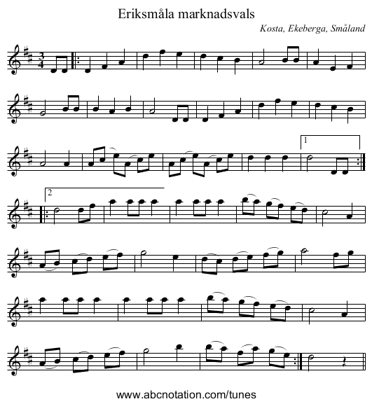 Eriksmåla marknadsvals - staff notation
