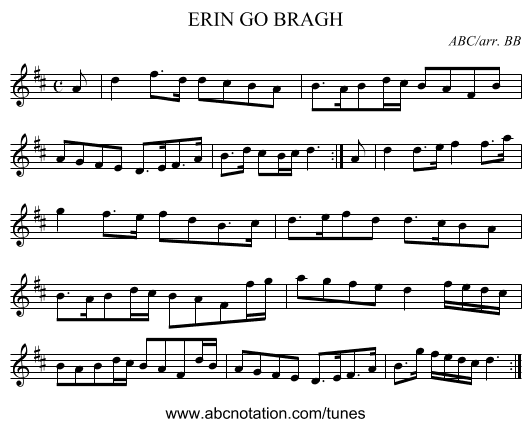 ERIN GO BRAGH - staff notation