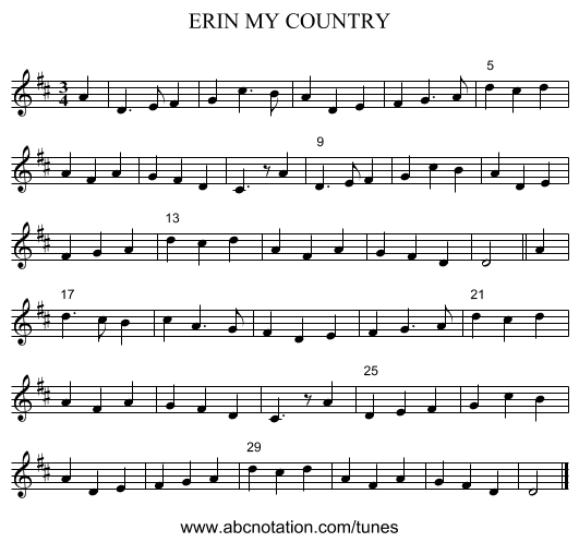 ERIN MY COUNTRY - staff notation