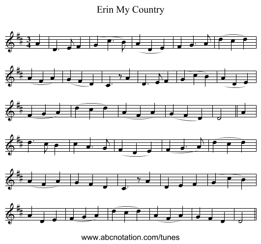 Erin My Country - staff notation