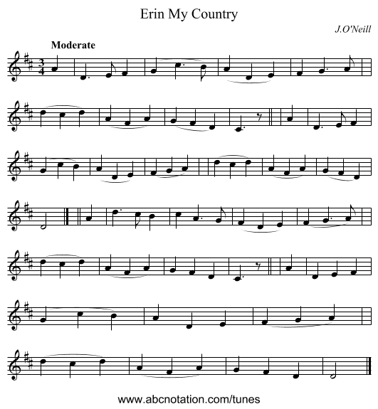 Erin My Country - staff notation