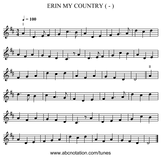 ERIN MY COUNTRY ( - ) - staff notation