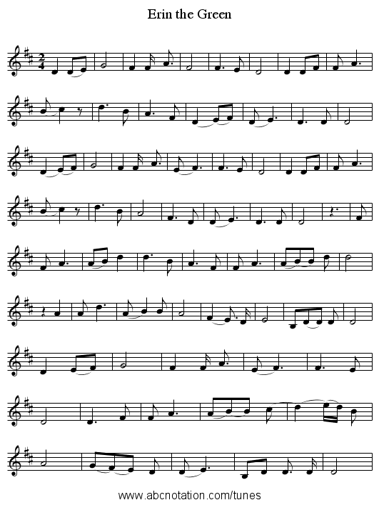 Erin the Green - staff notation