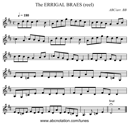 ERRIGAL BRAES (reel), The - staff notation