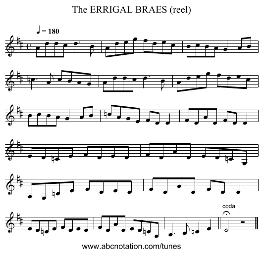 ERRIGAL BRAES (reel), The - staff notation