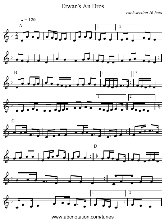 Erwan's An Dros - staff notation