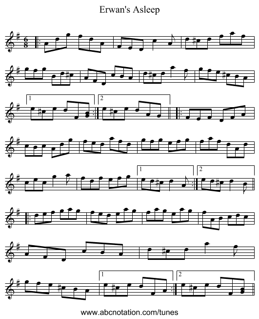 Erwan's Asleep - staff notation