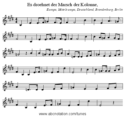 Es droehnet der Marsch der Kolonne, - staff notation