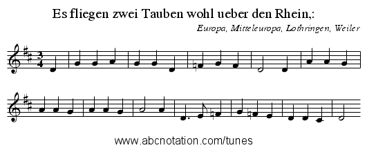 Es fliegen zwei Tauben wohl ueber den Rhein,: - staff notation