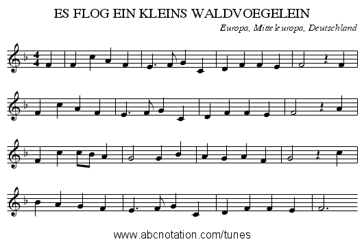 ES FLOG EIN KLEINS WALDVOEGELEIN - staff notation