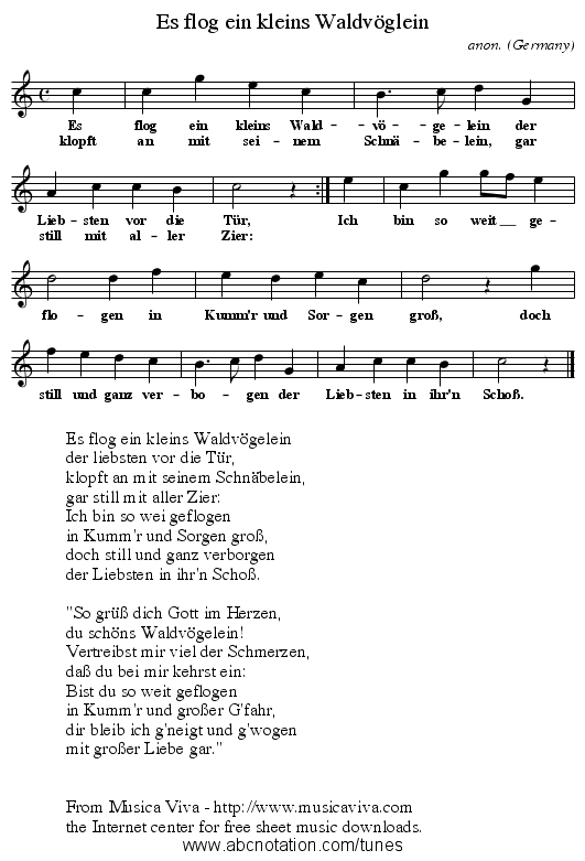 Es flog ein kleins Waldv&ouml;glein - staff notation