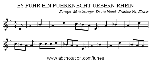 ES FUHR EIN FUHRKNECHT UEBERN RHEIN - staff notation