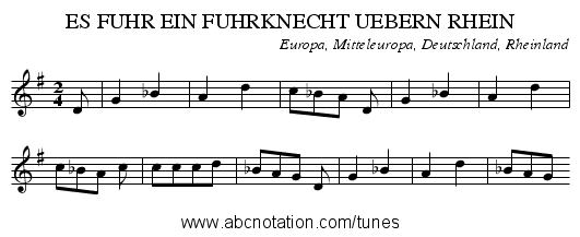 ES FUHR EIN FUHRKNECHT UEBERN RHEIN - staff notation
