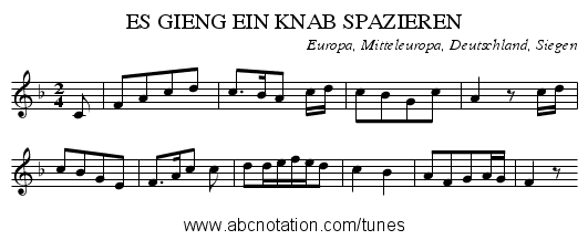 ES GIENG EIN KNAB SPAZIEREN - staff notation