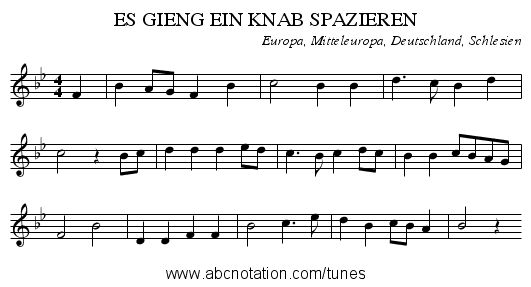 ES GIENG EIN KNAB SPAZIEREN - staff notation