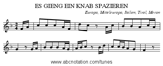 ES GIENG EIN KNAB SPAZIEREN - staff notation
