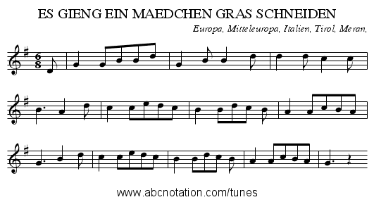 ES GIENG EIN MAEDCHEN GRAS SCHNEIDEN - staff notation