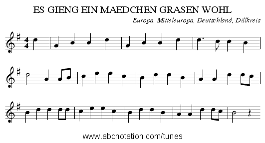 ES GIENG EIN MAEDCHEN GRASEN WOHL - staff notation