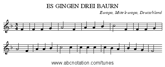 ES GINGEN DREI BAURN - staff notation