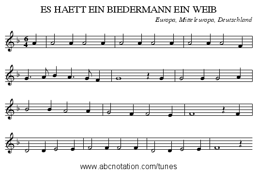 ES HAETT EIN BIEDERMANN EIN WEIB - staff notation