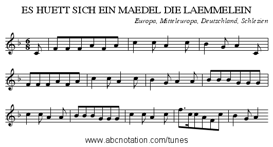 ES HUETT SICH EIN MAEDEL DIE LAEMMELEIN - staff notation
