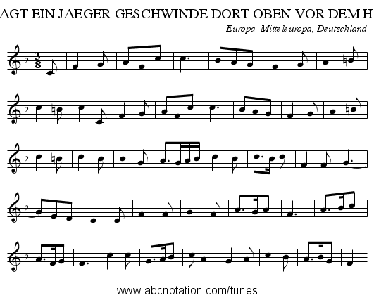 ES JAGT EIN JAEGER GESCHWINDE DORT OBEN VOR DEM HOLZ - staff notation