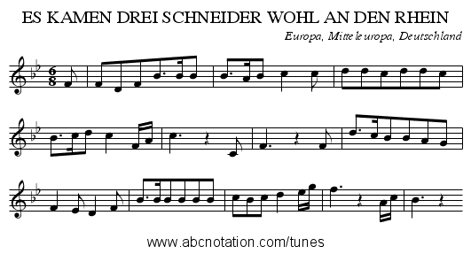 ES KAMEN DREI SCHNEIDER WOHL AN DEN RHEIN - staff notation