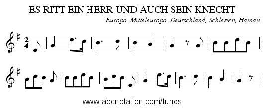 ES RITT EIN HERR UND AUCH SEIN KNECHT - staff notation