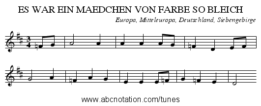 ES WAR EIN MAEDCHEN VON FARBE SO BLEICH - staff notation