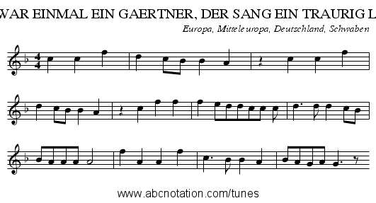 ES WAR EINMAL EIN GAERTNER, DER SANG EIN TRAURIG LIED - staff notation