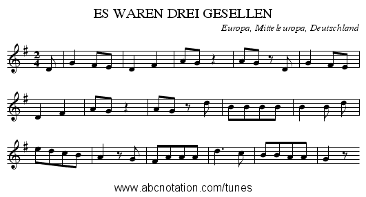ES WAREN DREI GESELLEN - staff notation