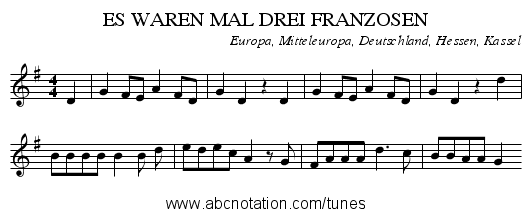 ES WAREN MAL DREI FRANZOSEN - staff notation