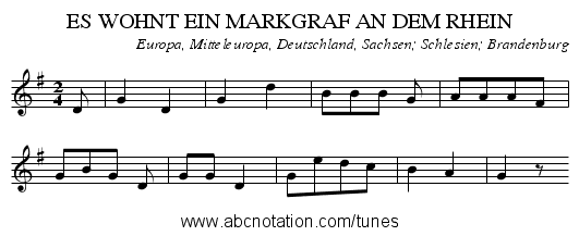 ES WOHNT EIN MARKGRAF AN DEM RHEIN - staff notation