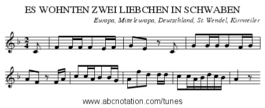 ES WOHNTEN ZWEI LIEBCHEN IN SCHWABEN - staff notation