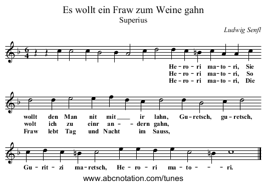 Es wollt ein Fraw zum Weine gahn - staff notation