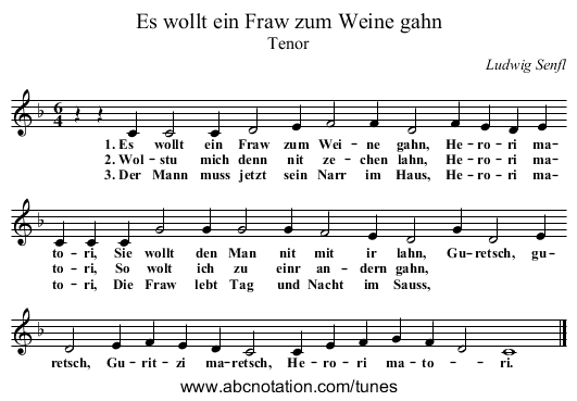 Es wollt ein Fraw zum Weine gahn - staff notation