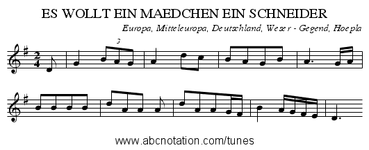 ES WOLLT EIN MAEDCHEN EIN SCHNEIDER - staff notation
