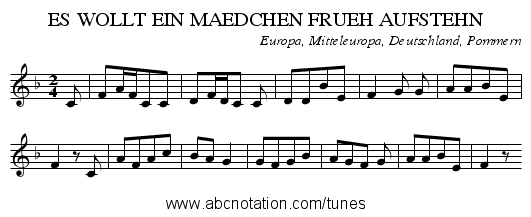 ES WOLLT EIN MAEDCHEN FRUEH AUFSTEHN - staff notation