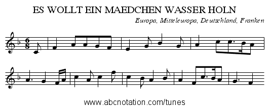 ES WOLLT EIN MAEDCHEN WASSER HOLN - staff notation