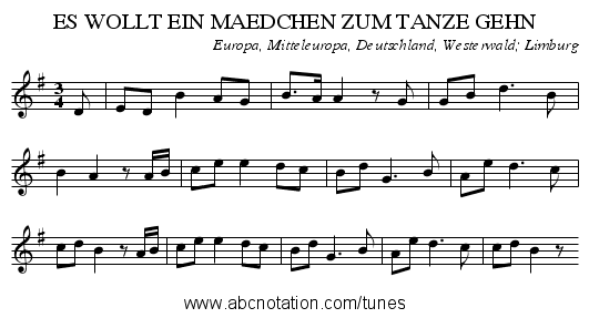 ES WOLLT EIN MAEDCHEN ZUM TANZE GEHN - staff notation
