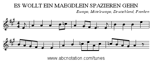 ES WOLLT EIN MAEGDLEIN SPAZIEREN GEHN - staff notation