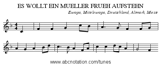 ES WOLLT EIN MUELLER FRUEH AUFSTEHN - staff notation